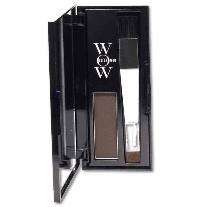 Opened Container Of Colorwow. Dark brown powder touchup and application brush