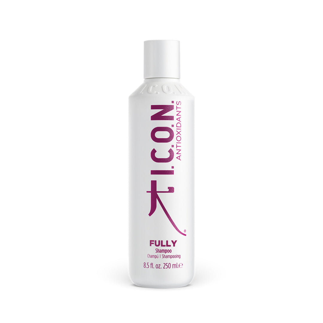 A white 250ml bottle of I.C.O.N. Fully Antioxidant Shampoo by Industry Beauty Supply, a gluten-free volumizing shampoo, features a white cap and magenta label text.
