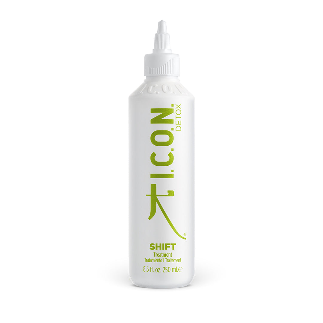 White bottle of I.C.O.N. Detox Shift Treatment on a white background