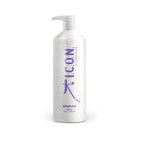 A white bottle of I.C.O.N. Drench Moisturizing Shampoo by Industry Beauty Supply, featuring a pump dispenser and purple text, hydrates the hair cuticle for better manageability and shine; available in 250mL or 1000mL sizes.