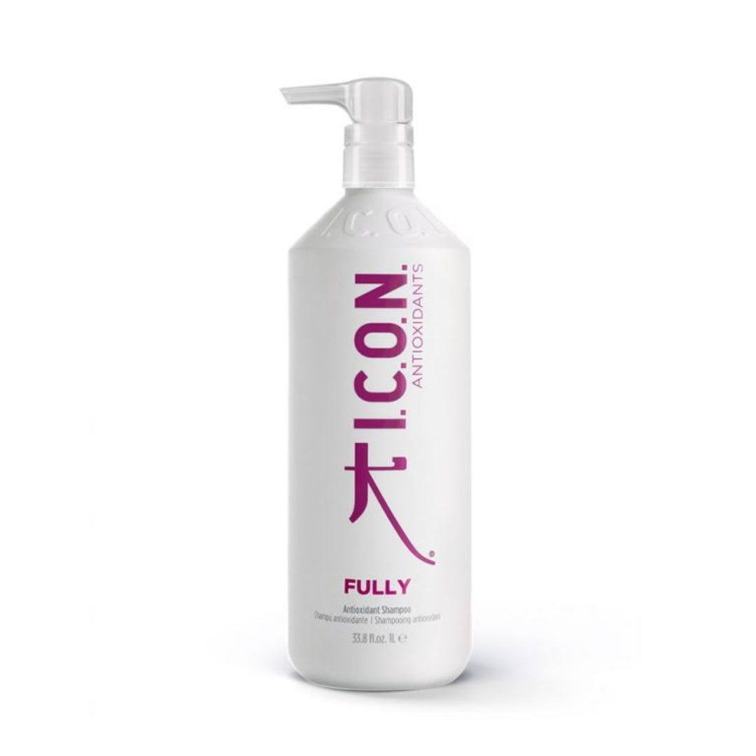 A white bottle of I.C.O.N. Fully Antioxidant Shampoo (250mL/1000mL) by Industry Beauty Supply, featuring a pump dispenser and purple-pink text. This antioxidant shampoo helps protect hair while delivering gentle care.