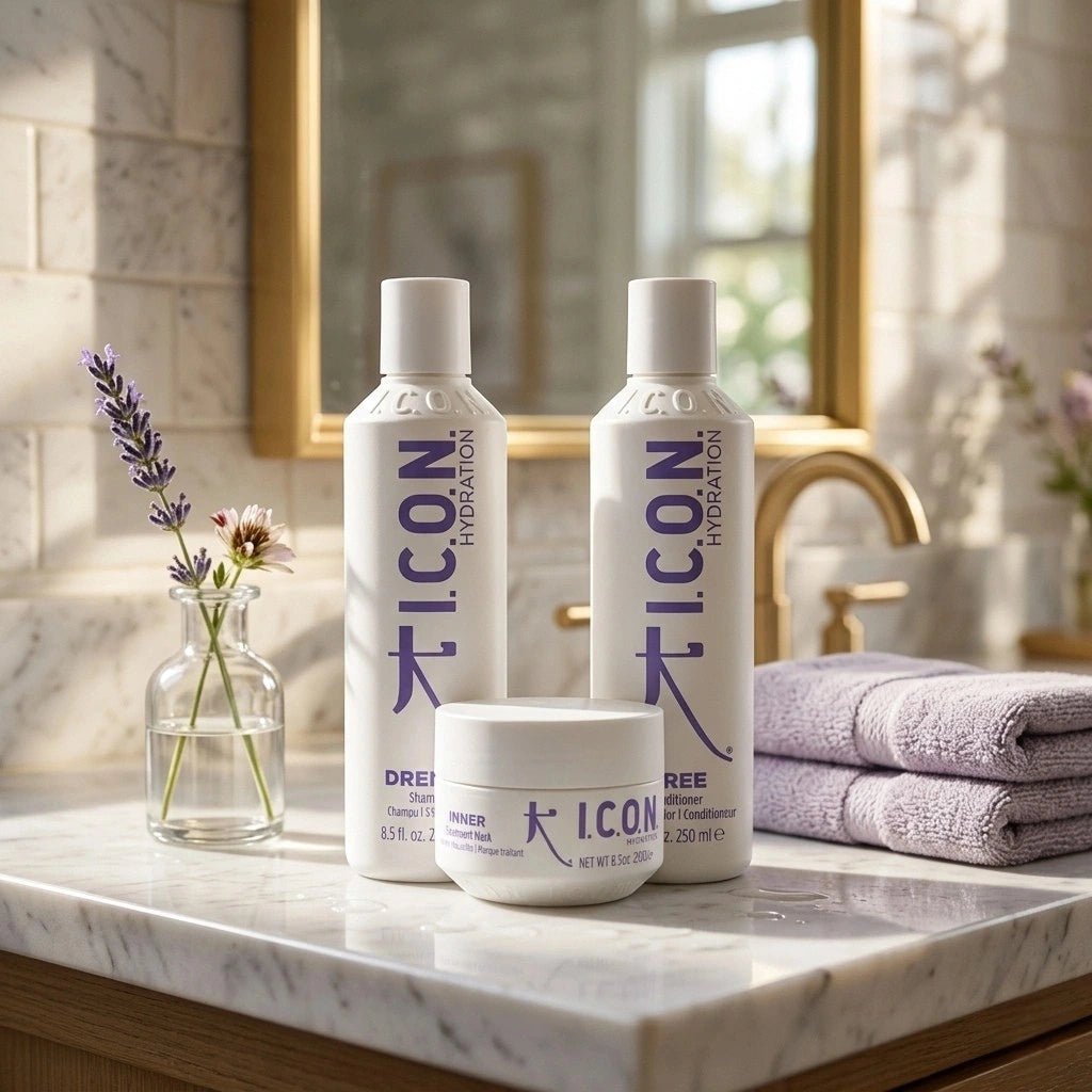 ICON hair care products on a bathroom counter with towels and flowers.