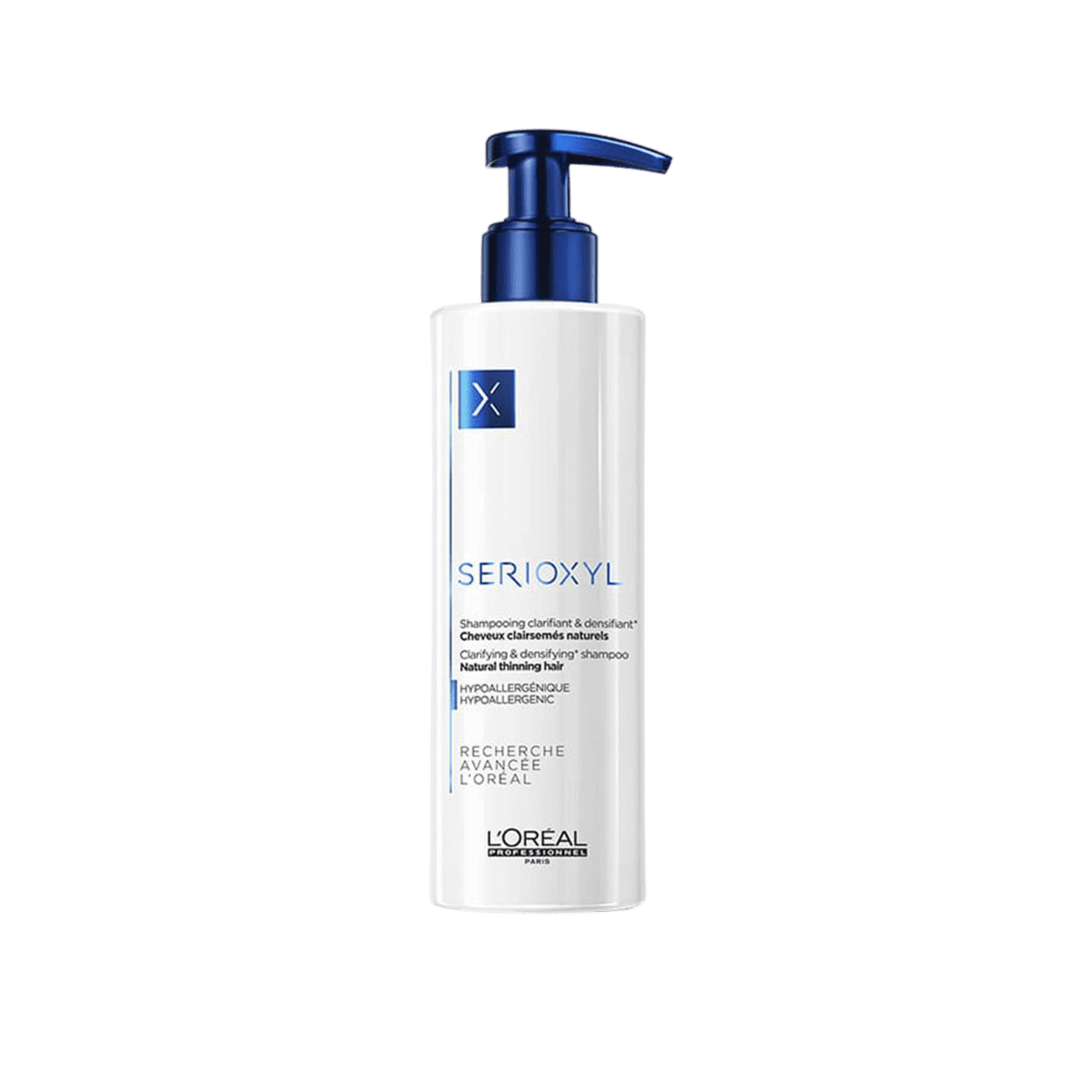 A bottle of L'Oréal Professionnel Serioxyl Natural Hair Shampoo with a pump dispenser, isolated on a plain background. This hypoallergenic formula cleanses the scalp effectively.